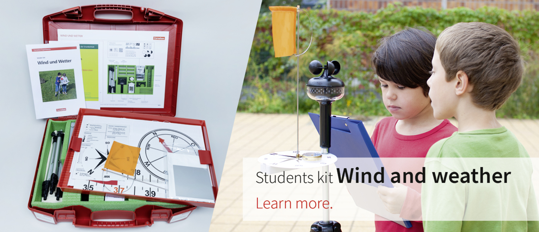 The picture shows a student experiment kit on the topic of &quot;wind and weather&quot; in a red case, including work materials and measuring devices. In the background, two children are working with a wind measuring device and writing down their results.