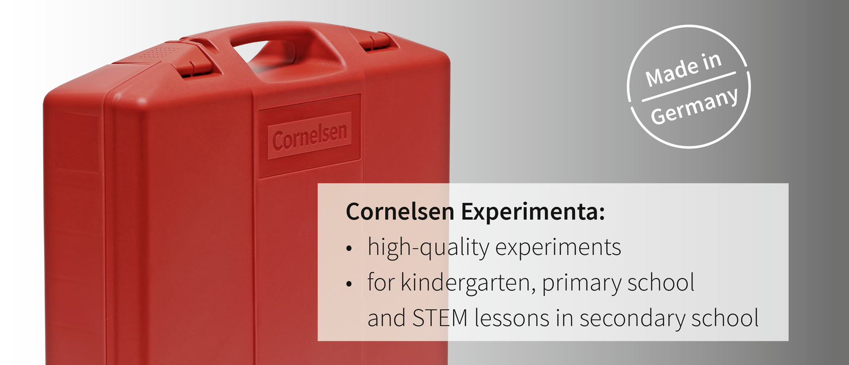 The picture shows a red suitcase with the &quot;Cornelsen&quot; logo, which is designed for high-quality experiments in the educational sector. It is aimed at kindergartens, primary schools and STEM lessons in secondary schools.