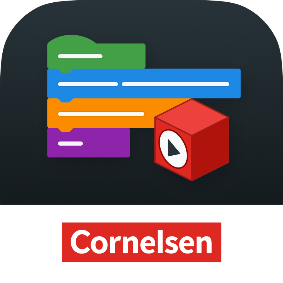 The image shows a graphic symbol or logo combined with programming blocks and a red cube with a play symbol. It is the logo of the Blockly app by Cornelsen, which is used in the educational sector.