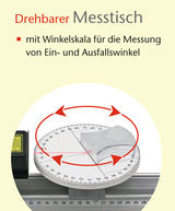 The picture shows a rotating measuring table with an angle scale that can be used to accurately measure angles of incidence and reflection. It is part of the experimental equipment for the German education system and supports practical exercises in physics.