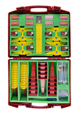 The picture shows a toolbox for experimental supplies, which is divided into two compartments. It contains numerous components such as switches, paint trays, tubes and other materials that can be used for school experiments.