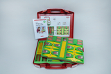 The picture shows a red carrying case with experiment materials on the topic of &quot;scales and balance&quot;. Inside are various components and an instruction manual that can be used for practical experiments in class.