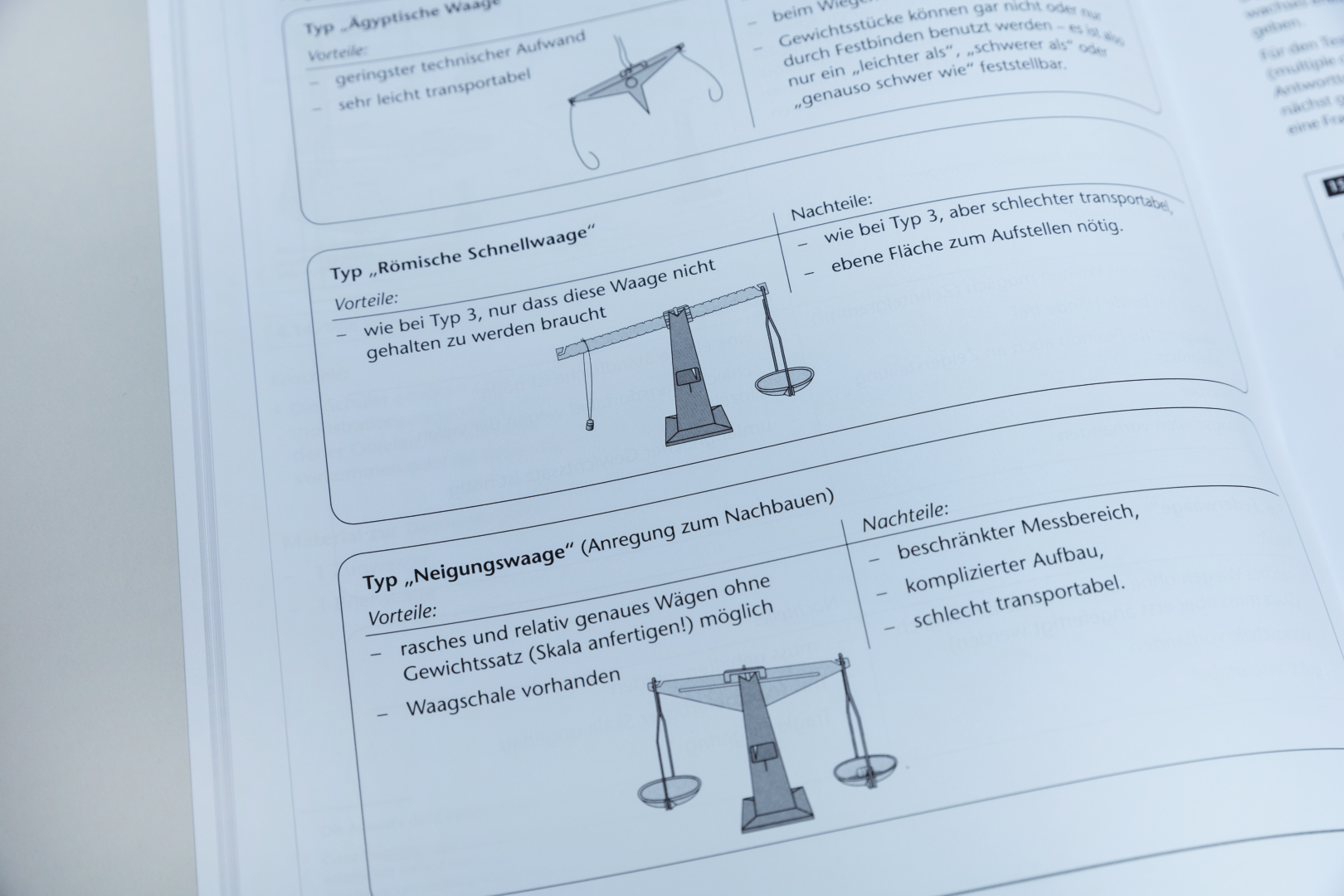 The picture shows a page from an experimental supplies manual that lists different types of scales. Each scale is described with its advantages and disadvantages, including illustrations and suggestions for replicating it.