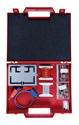 The picture shows a red box equipped with experimental materials. It contains, among other things, wires, an experimental board, various coils and accessories that are used for educational purposes in science classes.