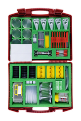 The picture shows a comprehensive experiment kit containing various utensils such as test tubes, Petri dishes, measuring instruments and pipettes. All parts are neatly arranged in a red case with green foam padding, which makes the organization