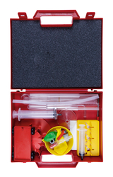 The picture shows a red box full of experimental materials, including syringes, tubes, and various small objects such as a cart and colorful balloons. These materials are designed for educational science experiments.