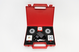The picture shows a red toolbox set that contains various components for experimental projects. The case contains, among other things, wheels, control components and a power supply, which can be used to build mobile models.