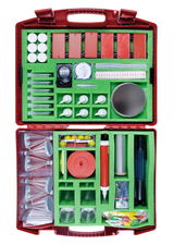 The picture shows a red suitcase filled with various experimental materials such as test tubes, pipettes, measuring instruments and tools used for scientific experiments in education. The materials are neatly arranged in