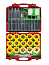 The picture shows a red storage box containing various experimental materials. On top there are many transparent beakers, spoons and a chemical bottle, while the lower part is equipped with yellow and red equipment and tubes.