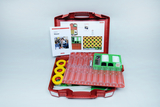 The picture shows a fold-out red set of experiment materials on the topic of water. It contains various containers, tubes, a manual and other utensils that can be used for practical experiments in educational settings.