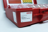 The picture shows a red experiment kit from Cornelsen, which is designed for educational purposes in the field of water analysis. The set is called &quot;Water 1&quot; and contains materials for examining drinking water and wastewater.