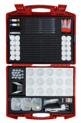 The picture shows a red suitcase equipped with various experimental materials, including test tubes, pipettes, containers and other laboratory equipment. The careful arrangement and the foam-protected interior suggest a d