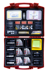 The picture shows a red suitcase equipped with various experimental materials, including modeling clay, beakers, rulers and various tools. The suitcase is neatly organized so that the materials for school experiments are easy to access.