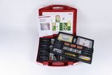 The picture shows a red colored experiment case with different materials for learning about the topic &quot;floating and sinking&quot;. Inside there are several containers, measuring devices and instructions that are sufficient for experiments in the educational field.