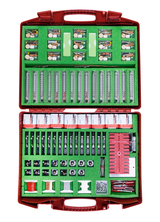The picture shows a comprehensive experiment kit packed in a red case. It contains various components such as tracks, batteries, wires and mechanical parts that can be used for various educational experiments.