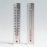 The picture shows two thermometers used to measure temperatures. One is a classic liquid thermometer with a scale from 0 to 100 °C, the other has a similar shape but with different measurement methods.