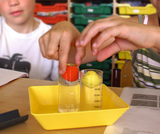The picture shows two children working in an experiment area with two cylinders filled with a clear liquid. One cylinder contains a yellow object and the other a red element, while the children mix the objects with