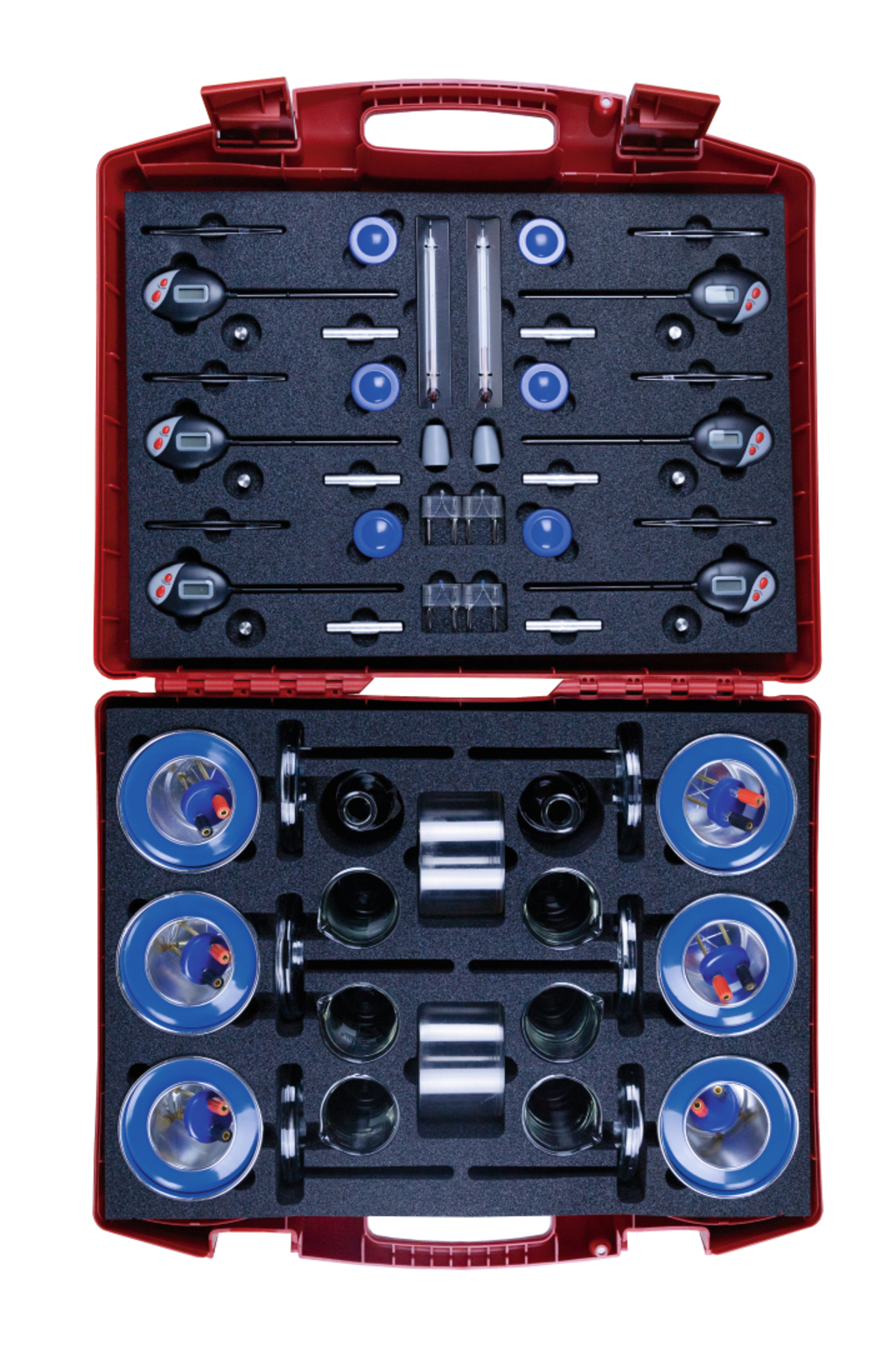 The image shows a red suitcase equipped with various educational experiment materials. The arrangement includes measuring instruments, containers, and accessories that can be used for physical or chemical experiments.