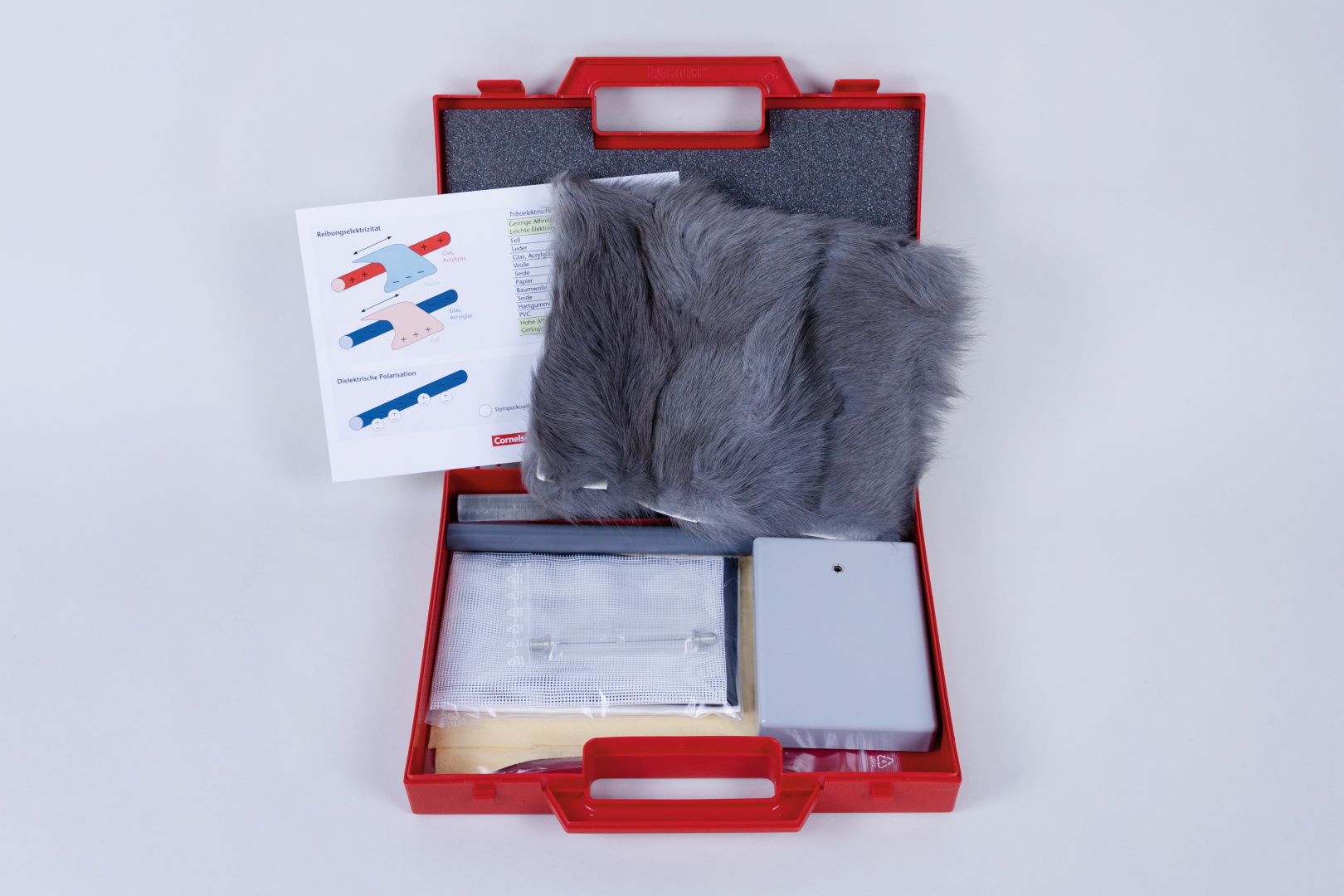 The picture shows a red experiment box containing various materials and instructions for practical experiments. The contents include a gray piece of fabric, various small devices and an information sheet about static electricity and dielectric polarization.