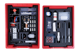 The picture shows two red storage boxes containing various experimental materials and equipment. The equipment includes wires, magnets, iron files and various measuring instruments for practical experiments in the educational field.