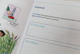 The image shows a page from an experiment booklet for students dealing with a scientific question. It contains an illustration in which a student asks whether water can press, as well as space for their own reflections and findings.