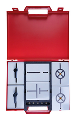 The picture shows a red case containing various experimental components for educational purposes. Inside the case are several gray panels with symbols and connections for conducting experiments.