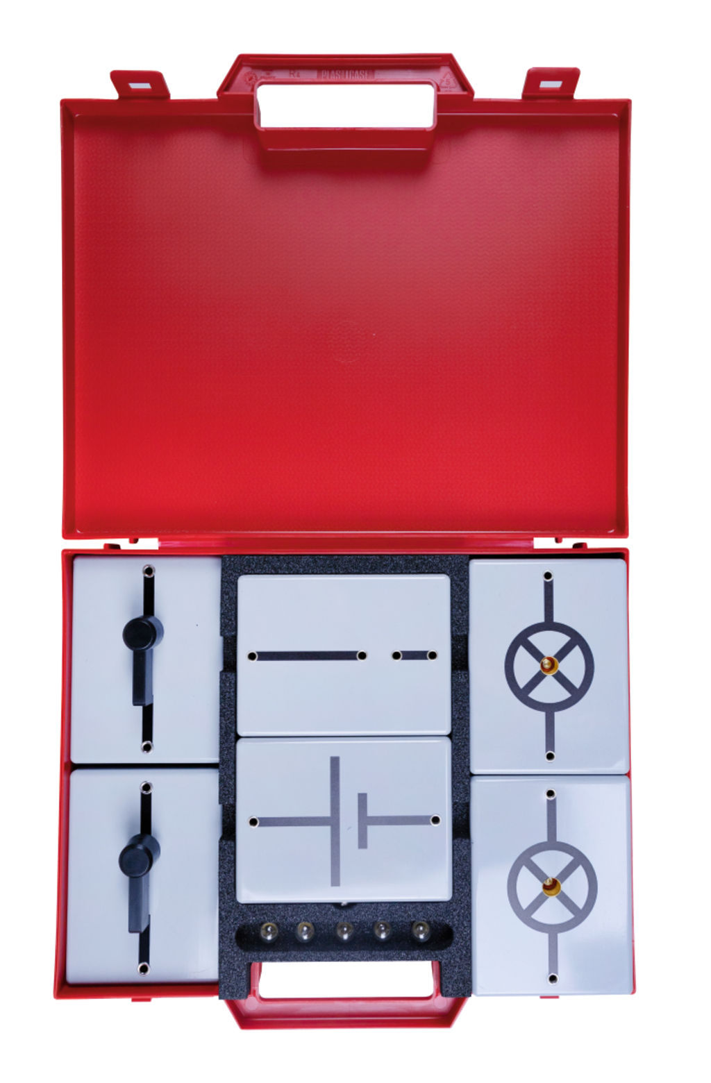 The picture shows a red case containing various experimental components for educational purposes. Inside the case are several gray panels with symbols and connections for conducting experiments.