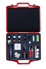 The picture shows a red suitcase equipped with various experimental materials, including test tubes, pipettes, sample collection utensils and other accessories for scientific experiments. The materials are neatly arranged in a foam pad for safe transport.