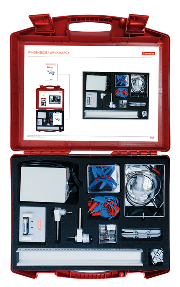 The picture shows a red suitcase containing materials and equipment for experiments on wind energy. Inside the box are arranged various components such as a motor, rotors, cables and measuring instruments that can be used to carry out educational projects.