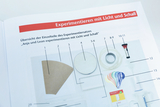 The picture shows an overview of various materials in an experiment kit on the topic of &quot;light and sound&quot; that was designed for the education system in Germany. Numbered descriptions are listed under each object shown.