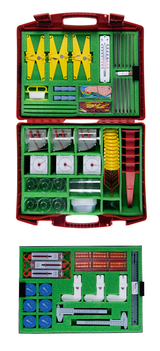 The picture shows a red suitcase equipped with various experimental materials, including measuring instruments, glasses and various tools. The arrangement of the materials is clear, with all parts housed in a foam-coated interior.