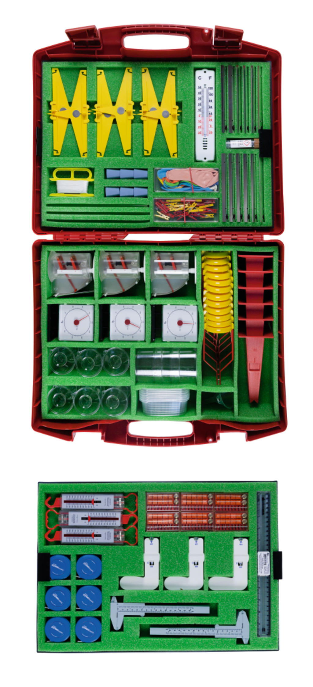 The picture shows a red suitcase equipped with various experimental materials, including measuring instruments, glasses and various tools. The arrangement of the materials is clear, with all parts housed in a foam-coated interior.