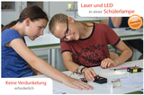 The picture shows two students working on an experimental project with a student lamp that contains lasers and LEDs. Various devices and materials are displayed on the table while the students interact with each other in a concentrated and engaged manner.