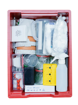 The picture shows a red storage box filled with various experiment materials, including measuring cups, colored containers, and a spray bottle. These materials are designed for use in educational institutions to conduct experiments.