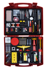 The picture shows a red experiment box containing a variety of tools and materials for scientific experiments. The arrangement includes measuring instruments, chemical containers and various experimental utensils suitable for educational purposes.