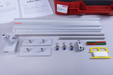 The picture shows various experimental equipment and accessories used for physics experiments in education. These include a ruler, rods, brackets and weights, as well as instructions in a spiral-bound booklet.