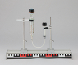 The picture shows a laboratory apparatus with two upright stands to which glass cylinders and a pipette are attached. This equipment is probably used for conducting experiments in science classes.