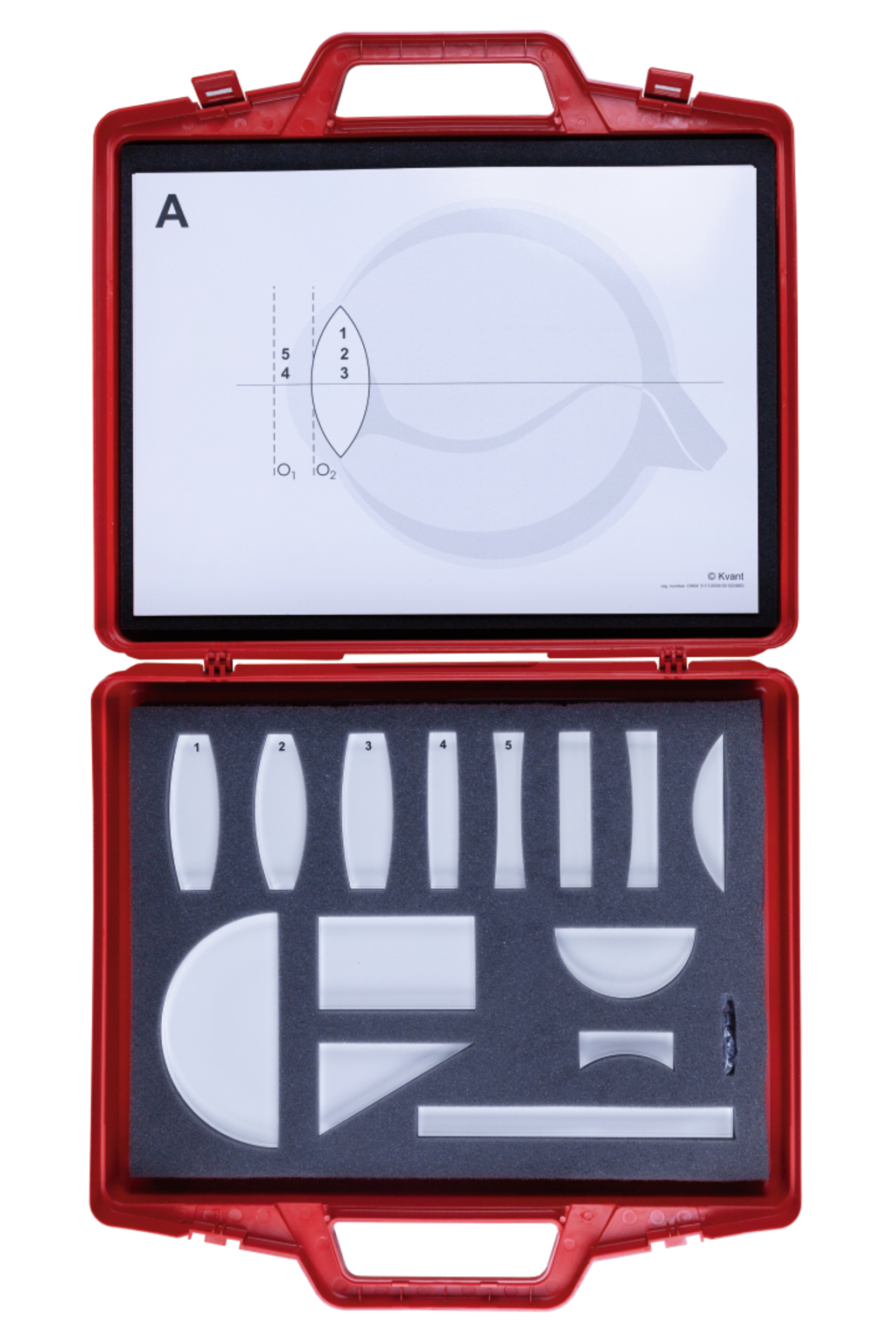 The picture shows a red case containing various lenses and prisms for experimental applications. On the lid there is an optical diagram illustrating the use of the included components.