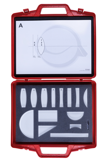 The picture shows a red case containing various lenses and prisms for experimental applications. On the lid there is an optical diagram illustrating the use of the included components.