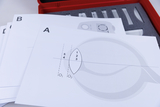 The picture shows a collection of worksheets from an experiment kit that deal with an optical lens and its properties. The sheets contain diagrams and labels that can be used to analyze and conduct experiments.