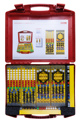 The picture shows a red box with the title &quot;Molecule Box 1+2&quot; containing various colorful building blocks for representing molecules. The box is opened and presents instructions and various elements in different colors and shapes for chemical experiment purposes.
