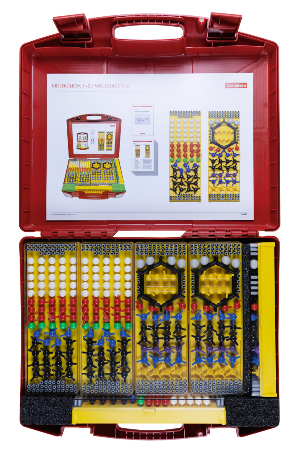 The picture shows a red box with the title &quot;Molecule Box 1+2&quot; containing various colorful building blocks for representing molecules. The box is opened and presents instructions and various elements in different colors and shapes for chemical experiment purposes.