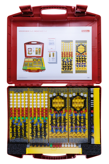 The picture shows a red box with the title &quot;Molecule Box 1+2&quot; containing various colorful building blocks for representing molecules. The box is opened and presents instructions and various elements in different colors and shapes for chemical experiment purposes.