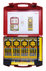 The picture shows a red plastic box designed for experimental needs in education. Inside are various molecular models and materials that can be used for chemical experiments.