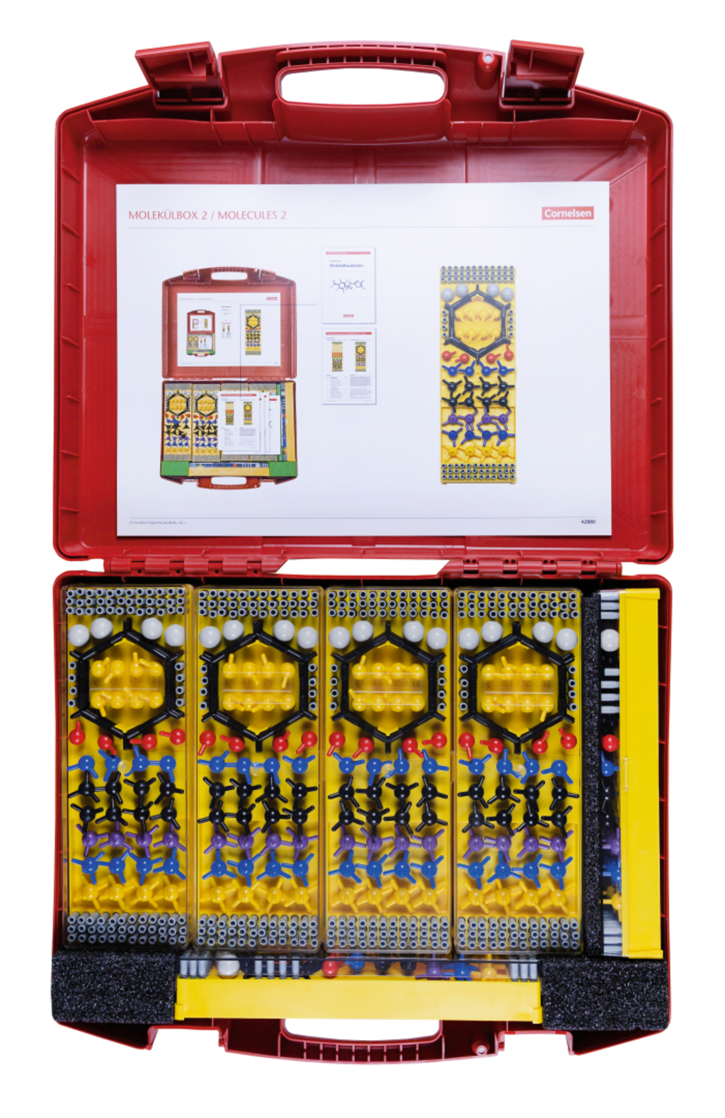 The picture shows a red plastic box designed for experimental needs in education. Inside are various molecular models and materials that can be used for chemical experiments.