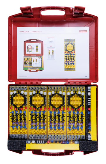 The picture shows a red plastic box designed for experimental needs in education. Inside are various molecular models and materials that can be used for chemical experiments.