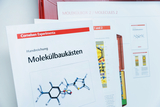 The picture shows materials from an educational experiment kit, including a molecular construction kit leaflet with a graphic representation of a molecule. A number of other information sheets can be seen in the background.