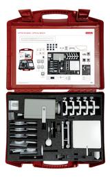 The picture shows a red suitcase equipped with an optical bench containing various optical elements and devices. The contents are neatly arranged and allow for conducting experiments in the field of optics for educational purposes.