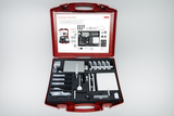 The picture shows a red suitcase containing a variety of experimental materials for optical experiments. The components are neatly arranged and include lenses, mirrors and mounts that can be used for scientific educational purposes.