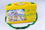 The picture shows a yellow carrying bag called &quot;EgolabBox&quot; with a creative, colorful motif of two children doing research outside. The box serves as a mobile laboratory for experiments in the educational sector and is provided with a green carrying strap.